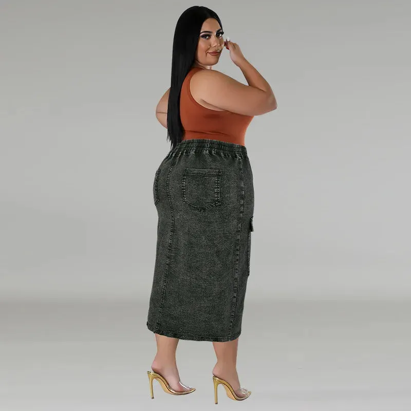 Briya Slit Denim Washed Retro Pencil Skirt Hip-covering Straight Long Skirt
