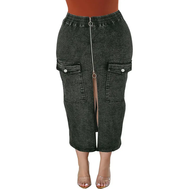 Briya Slit Denim Washed Retro Pencil Skirt Hip-covering Straight Long Skirt