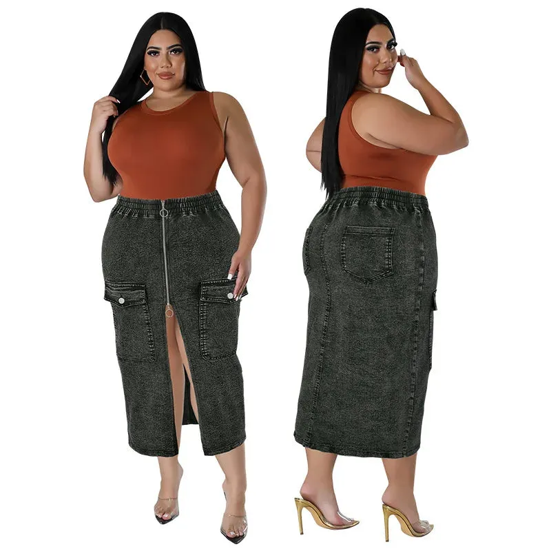 Briya Slit Denim Washed Retro Pencil Skirt Hip-covering Straight Long Skirt