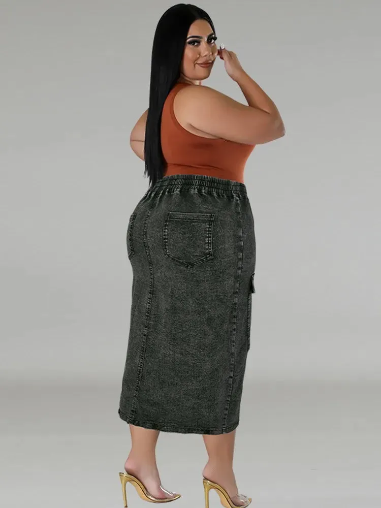 Briya Slit Denim Washed Retro Pencil Skirt Hip-covering Straight Long Skirt