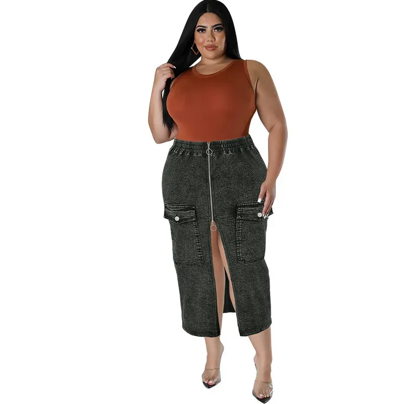 Briya Slit Denim Washed Retro Pencil Skirt Hip-covering Straight Long Skirt