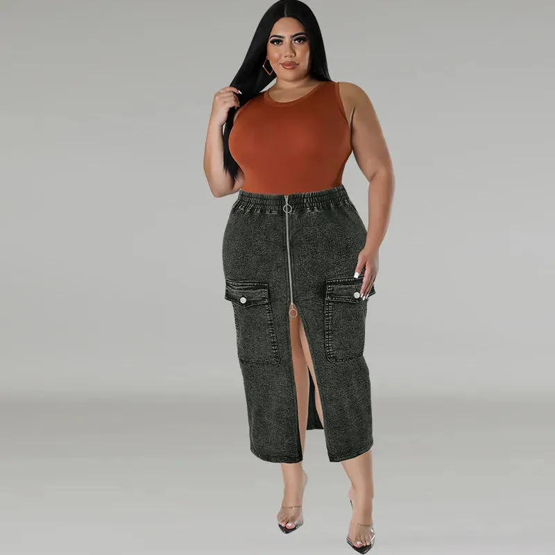 Briya Slit Denim Washed Retro Pencil Skirt Hip-covering Straight Long Skirt