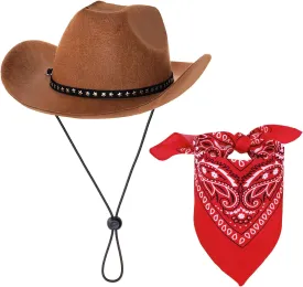 Brown Cowboy Hat with Red Bandanas, Western Set Cosplay Accessories Dress Up Party