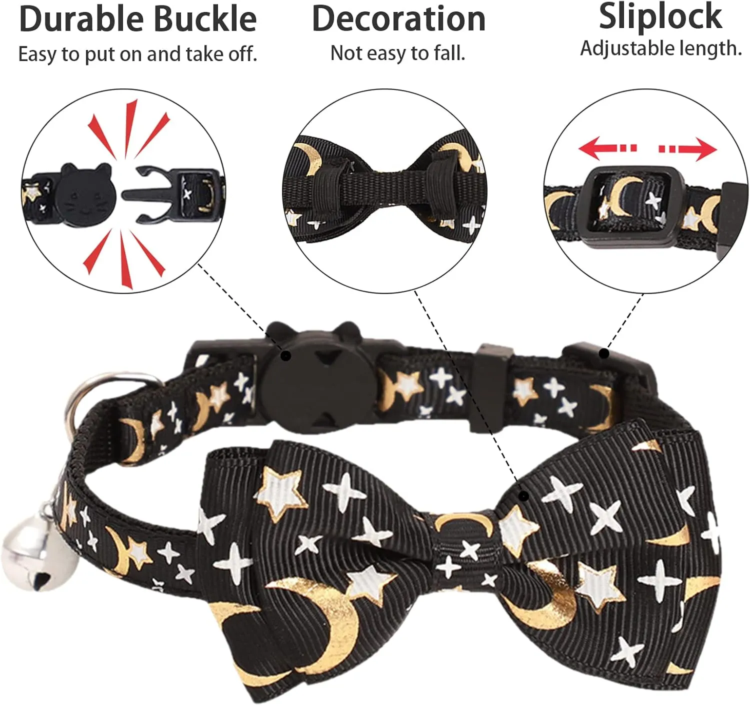 CAMAL Personalized Cat Collar with Stainless Steel Pet Id Tag & Cute Bow Tie, Moons & Stars Pattern Breakaway Cat Collar with Bell for Cat Puppy, Adjustable Kitten Collar 7.4"-11.8" (Purple)