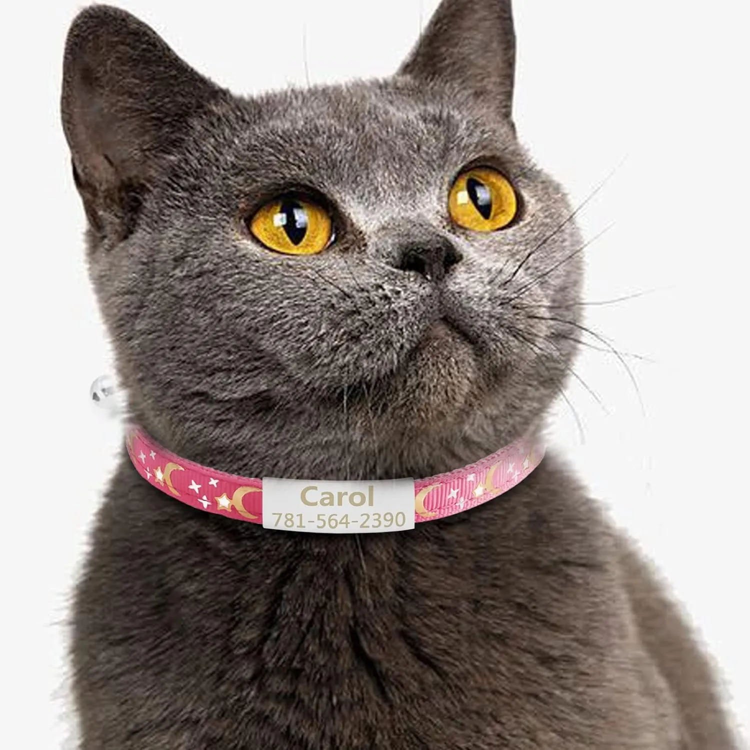 CAMAL Personalized Cat Collar with Stainless Steel Pet Id Tag & Cute Bow Tie, Moons & Stars Pattern Breakaway Cat Collar with Bell for Cat Puppy, Adjustable Kitten Collar 7.4"-11.8" (Purple)