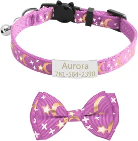 CAMAL Personalized Cat Collar with Stainless Steel Pet Id Tag & Cute Bow Tie, Moons & Stars Pattern Breakaway Cat Collar with Bell for Cat Puppy, Adjustable Kitten Collar 7.4"-11.8" (Purple)