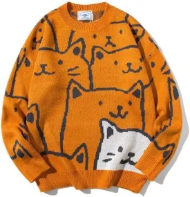 Cat Graphic Men Grandpa Sweater Japanese Gothic Knit Outwear Emo Alt Crew Neck Clothing Cute Y2k Long Sleeve Tops