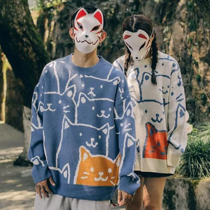 Cat Graphic Men Grandpa Sweater Japanese Gothic Knit Outwear Emo Alt Crew Neck Clothing Cute Y2k Long Sleeve Tops