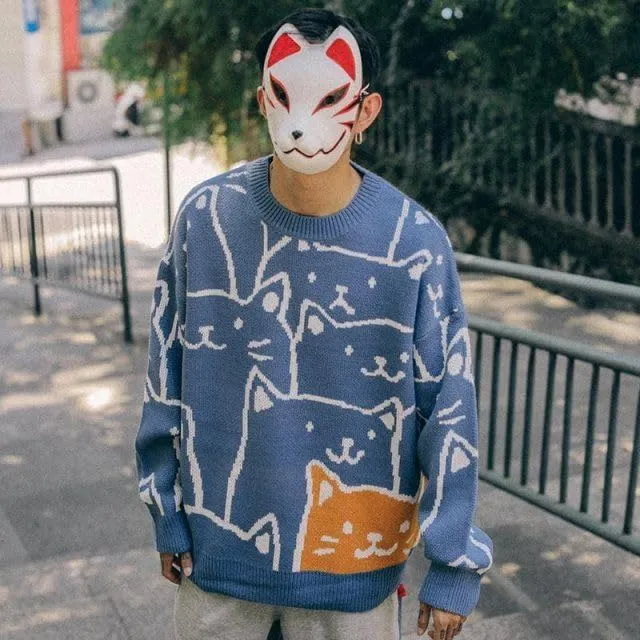 Cat Graphic Men Grandpa Sweater Japanese Gothic Knit Outwear Emo Alt Crew Neck Clothing Cute Y2k Long Sleeve Tops
