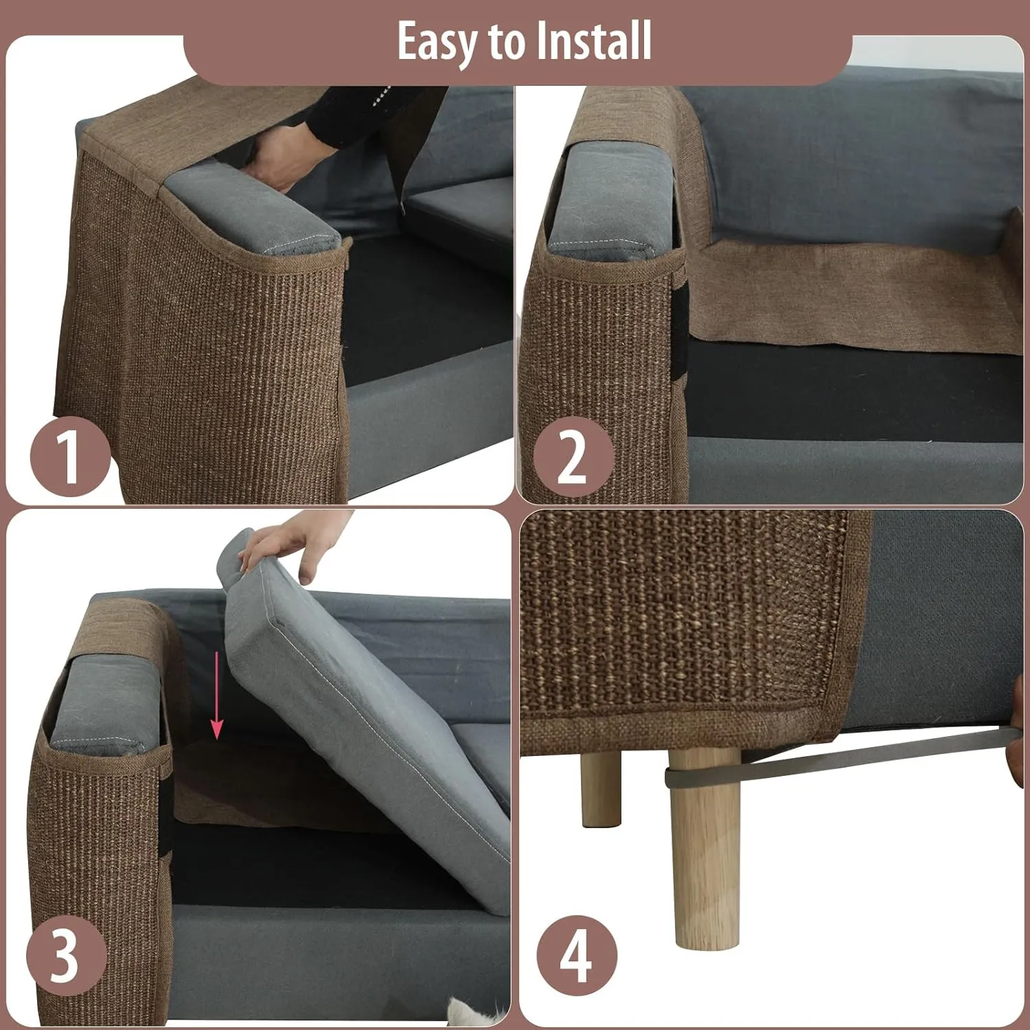 Cat Scratch Sofa Protector, 27.5x19.8 Inch Couch Protector Pad with Natural Sisal, Non-Slip Couch Arm Shield for Cats, Durable Scratch Guard for Sofa Chair and Couch Dual-Side Design(Right Hand)