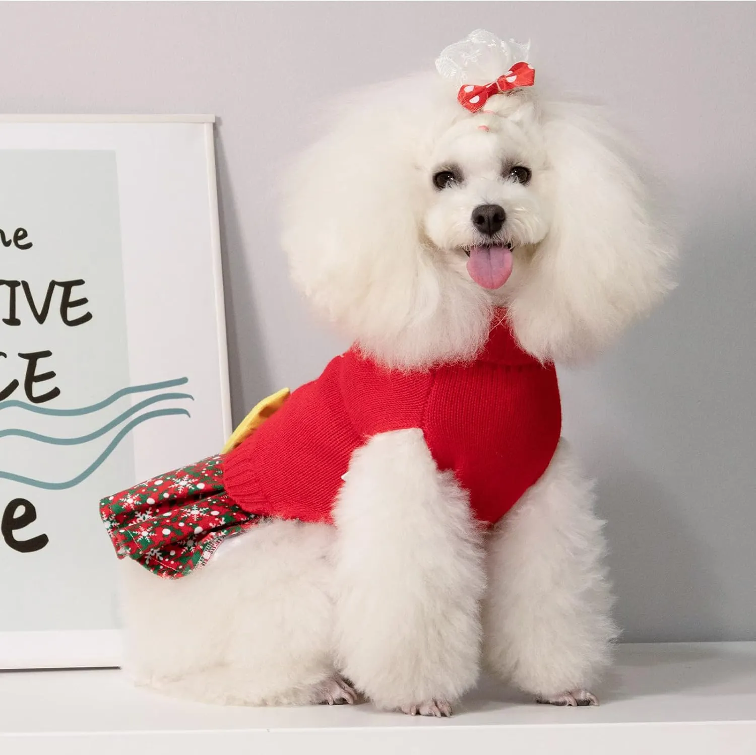 CuteBone Christmas Dog Sweater Dress Turtleneck Puppy Sweater with Bowtie Leash Hole Pullover Winter Dress for Small Dogs