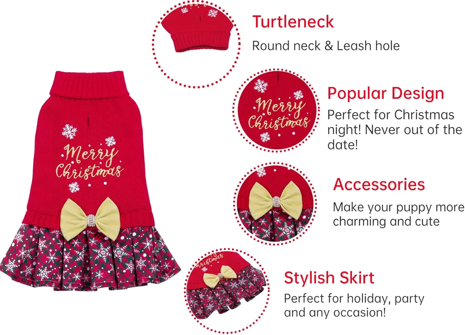CuteBone Christmas Dog Sweater Dress Turtleneck Puppy Sweater with Bowtie Leash Hole Pullover Winter Dress for Small Dogs