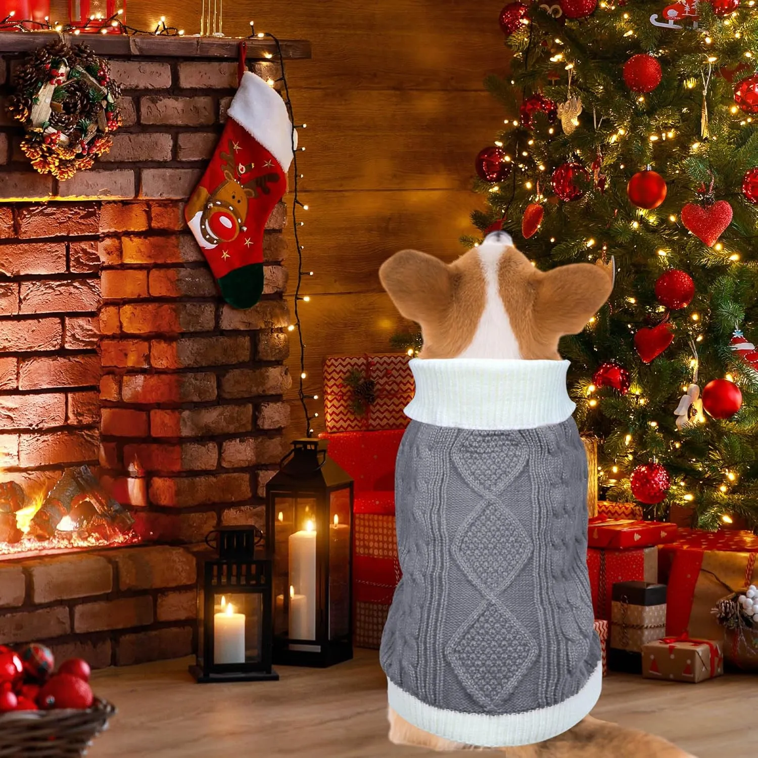 Dog Christmas Sweater Knitted Turtleneck Dog Sweater Warm Christmas Outfit Clothes for Small Medium Large Dogs Pets (Grey, Large)
