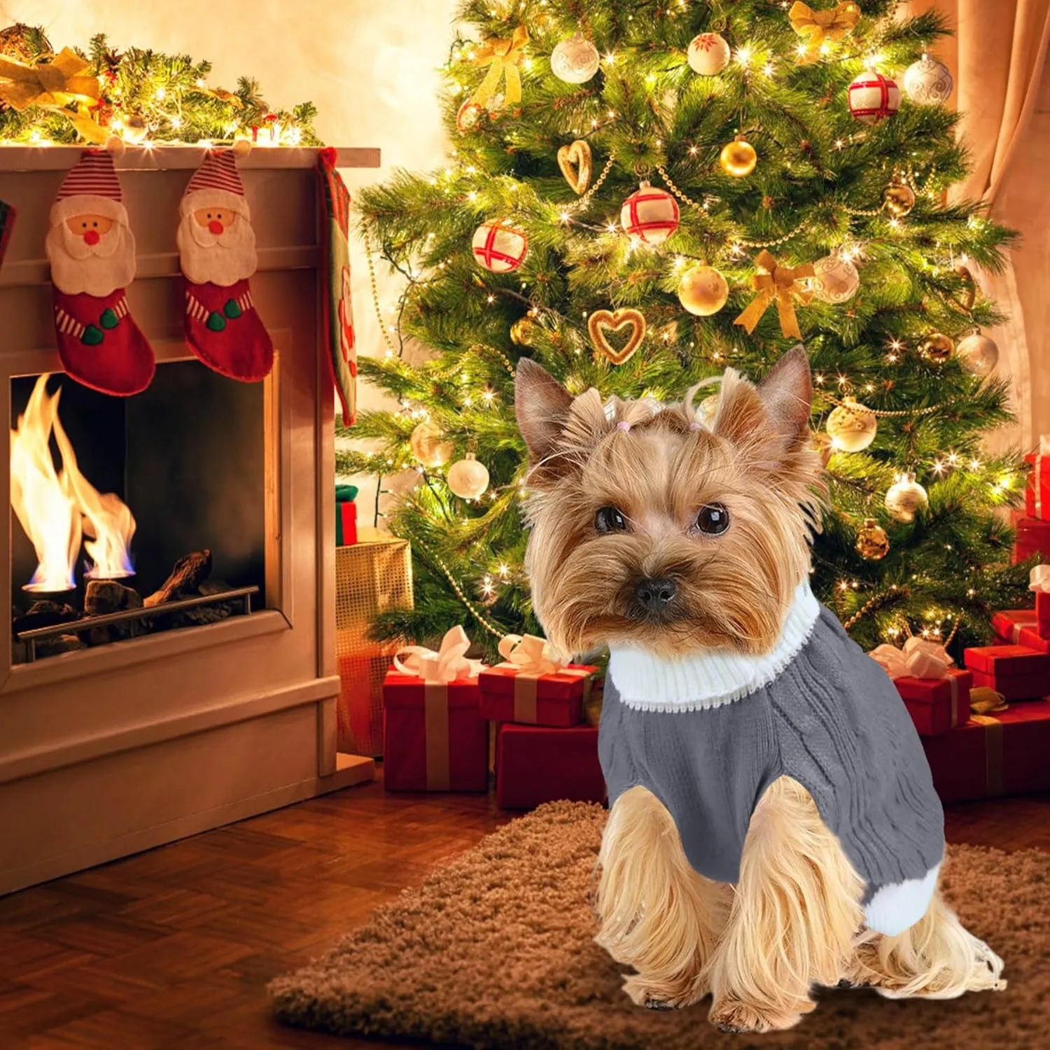Dog Christmas Sweater Knitted Turtleneck Dog Sweater Warm Christmas Outfit Clothes for Small Medium Large Dogs Pets (Grey, Large)