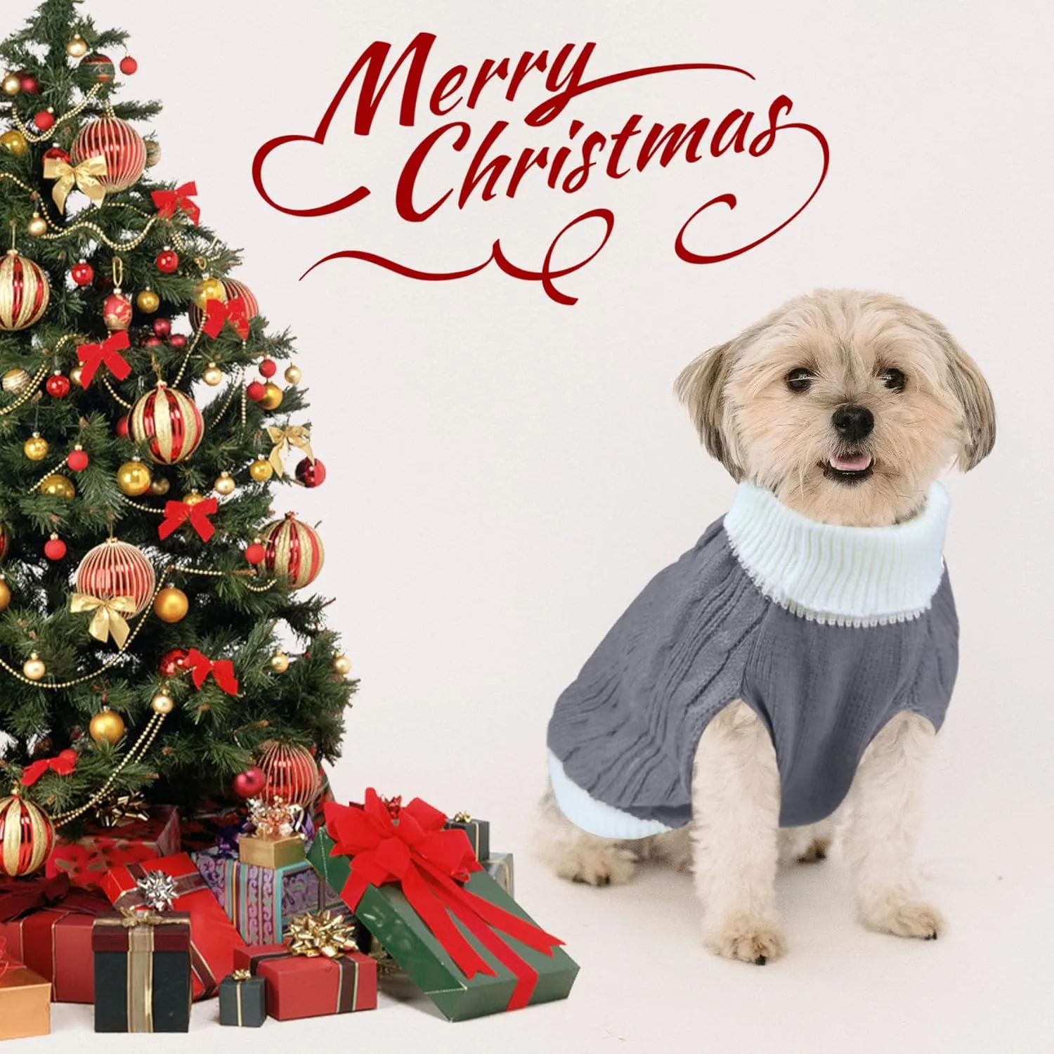 Dog Christmas Sweater Knitted Turtleneck Dog Sweater Warm Christmas Outfit Clothes for Small Medium Large Dogs Pets (Grey, Large)