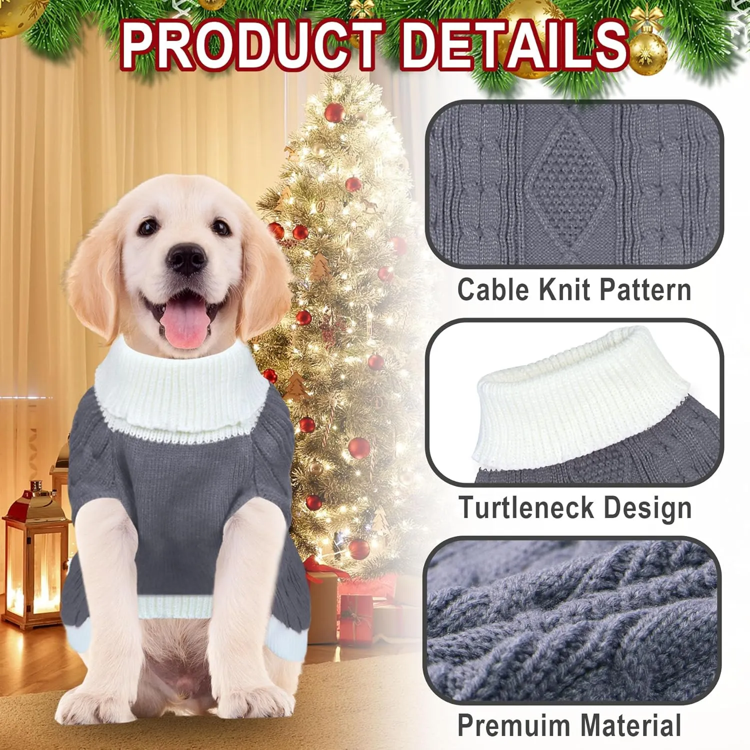 Dog Christmas Sweater Knitted Turtleneck Dog Sweater Warm Christmas Outfit Clothes for Small Medium Large Dogs Pets (Grey, Large)