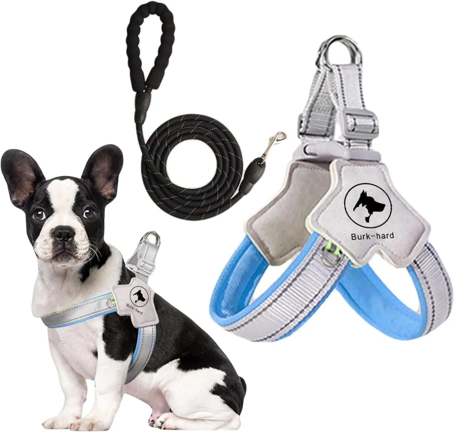 Dog Harness & Pet Leash Set for Small Dogs, No- Pull & No-Choke Adjustable Reflective Padded Puppy Vest with 2 Metal Leash Clips, Highly Reflective Dog Leash 4.9 FT with Comfortable Padded Handle