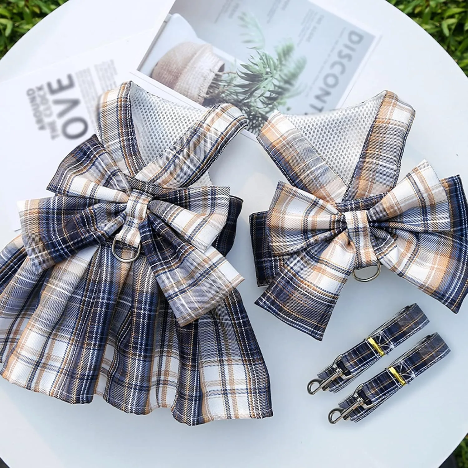 Dog Harness and Leash Set, Cute Bow Tie Plaid Harnesses for Puppy Cat, Adjustable Pet Kitties Vest, Breathable Harness Traction Rope for Boy Girl Small Animal(Skirt Navy Blue,2XL for 15.4-22lbs Dog)