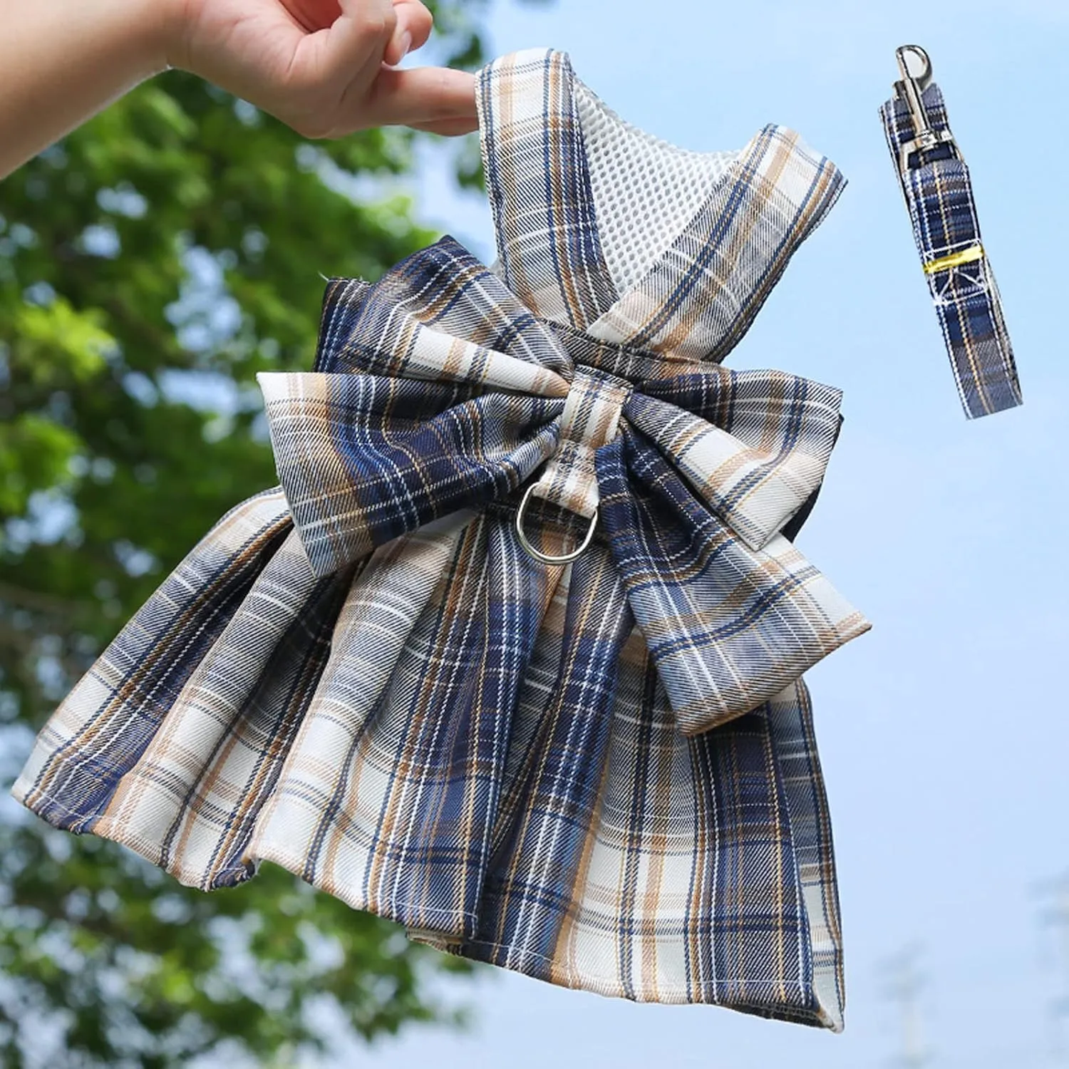 Dog Harness and Leash Set, Cute Bow Tie Plaid Harnesses for Puppy Cat, Adjustable Pet Kitties Vest, Breathable Harness Traction Rope for Boy Girl Small Animal(Skirt Navy Blue,2XL for 15.4-22lbs Dog)
