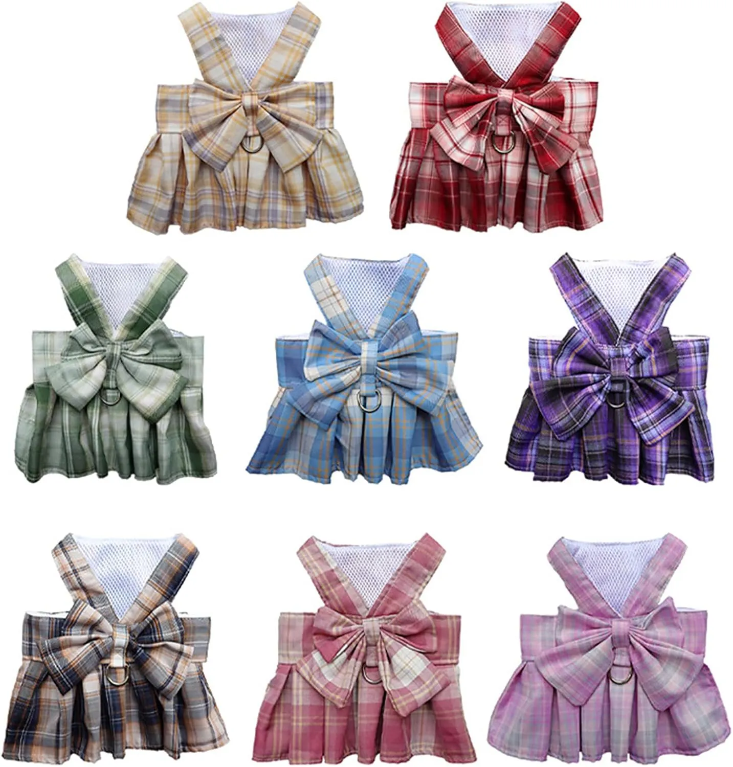 Dog Harness and Leash Set, Cute Bow Tie Plaid Harnesses for Puppy Cat, Adjustable Pet Kitties Vest, Breathable Harness Traction Rope for Boy Girl Small Animal(Skirt Navy Blue,2XL for 15.4-22lbs Dog)