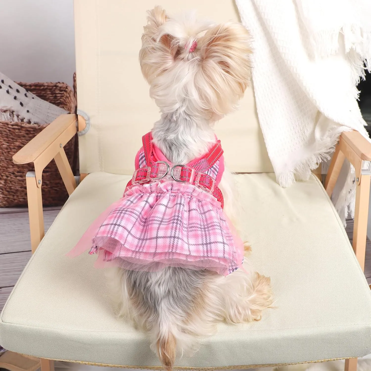 Dog Harness and Leash Set, Dog Gauzy Dress Vest Harness, Breathable Adjustable No Pull Dog Harnesses for Small Medium Dogs Outdoor Walking Pet Supplies (Pink with Leash, Small Chest 11.8-14.5in)