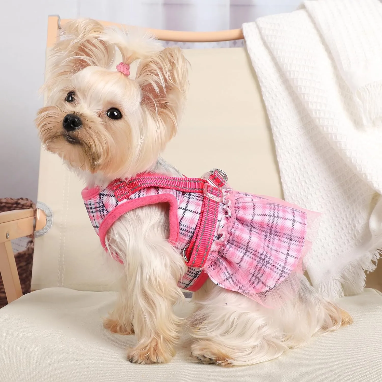 Dog Harness and Leash Set, Dog Gauzy Dress Vest Harness, Breathable Adjustable No Pull Dog Harnesses for Small Medium Dogs Outdoor Walking Pet Supplies (Pink with Leash, Small Chest 11.8-14.5in)
