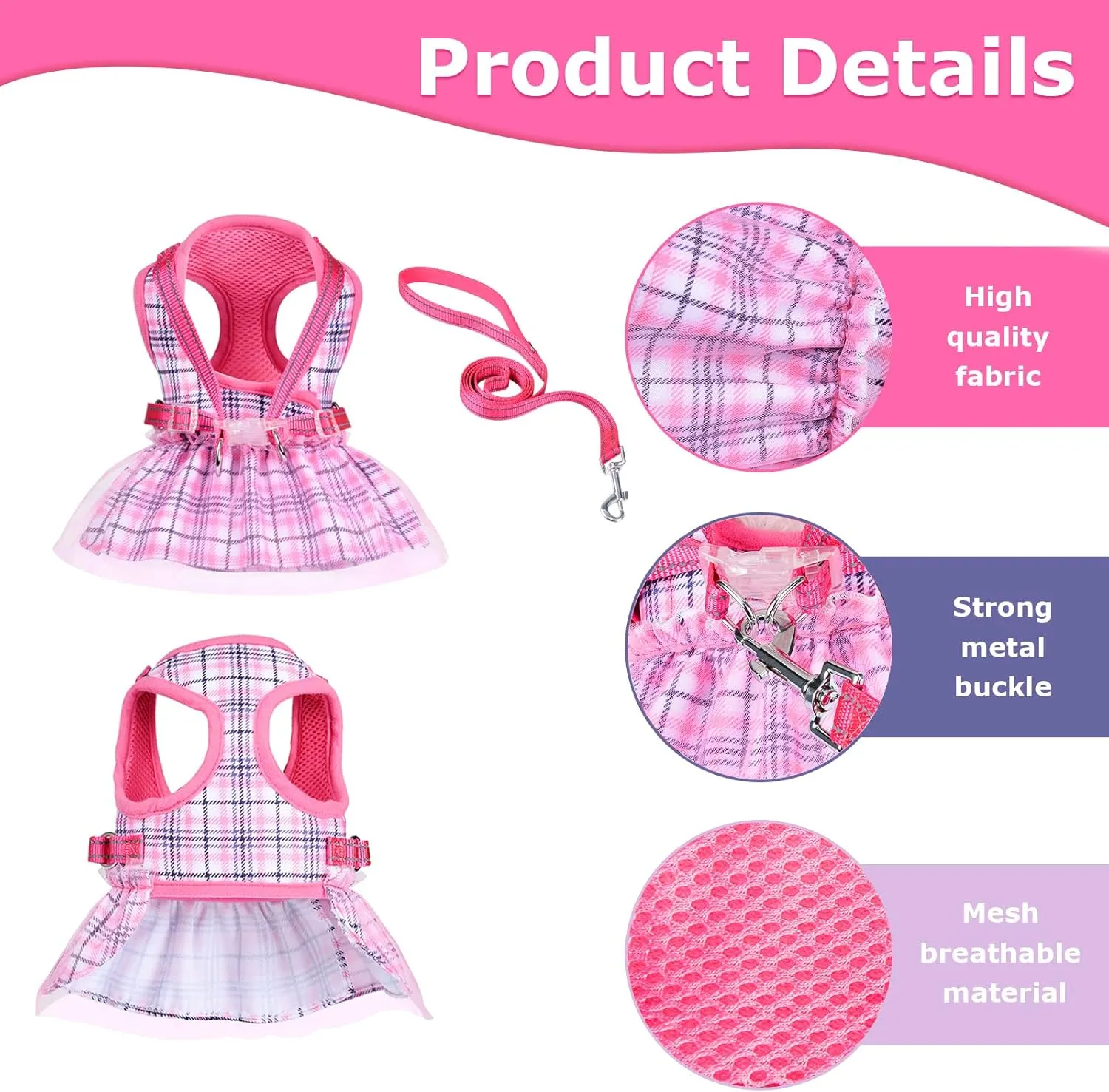 Dog Harness and Leash Set, Dog Gauzy Dress Vest Harness, Breathable Adjustable No Pull Dog Harnesses for Small Medium Dogs Outdoor Walking Pet Supplies (Pink with Leash, Small Chest 11.8-14.5in)