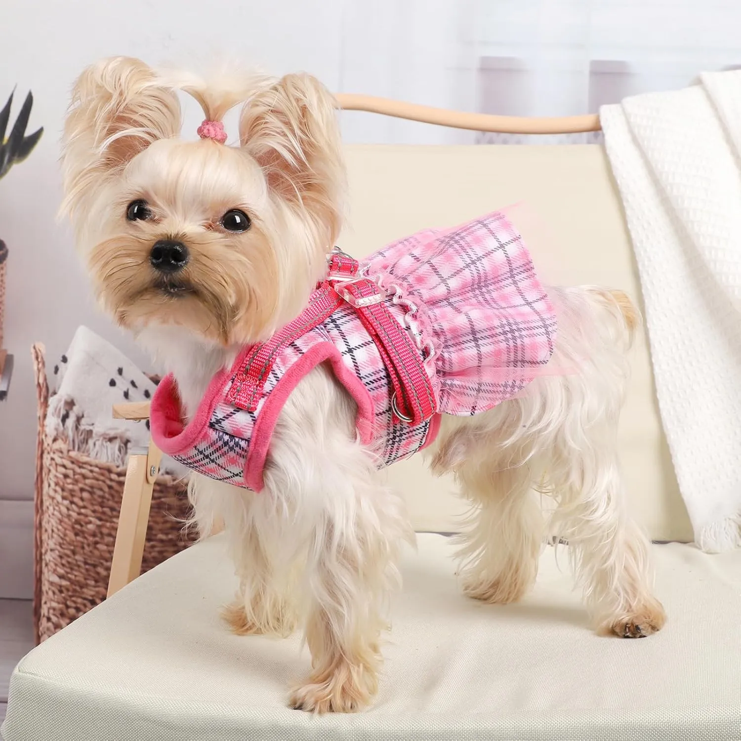 Dog Harness and Leash Set, Dog Gauzy Dress Vest Harness, Breathable Adjustable No Pull Dog Harnesses for Small Medium Dogs Outdoor Walking Pet Supplies (Pink with Leash, Small Chest 11.8-14.5in)