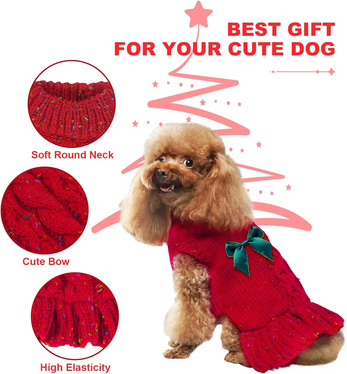 Dog Sweater Dresses - Knit Sweater with Colored Dot & Blue-Green Bow Clips, Winter Outfit for Dog Girl, Thick Doggie Knitwear Pet Apparel (Red, M)
