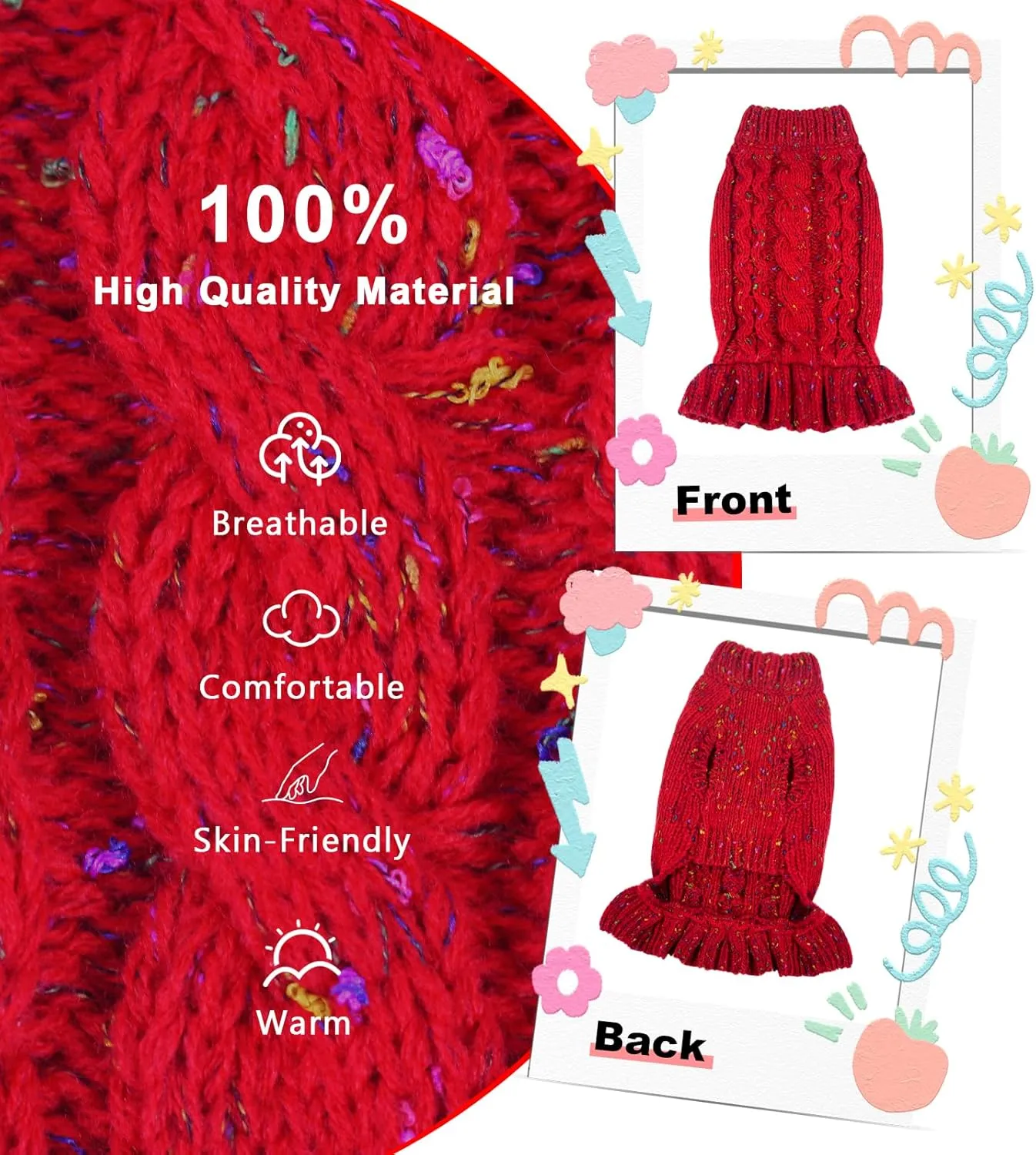 Dog Sweater Dresses - Knit Sweater with Colored Dot & Blue-Green Bow Clips, Winter Outfit for Dog Girl, Thick Doggie Knitwear Pet Apparel (Red, M)