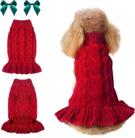 Dog Sweater Dresses - Knit Sweater with Colored Dot & Blue-Green Bow Clips, Winter Outfit for Dog Girl, Thick Doggie Knitwear Pet Apparel (Red, M)