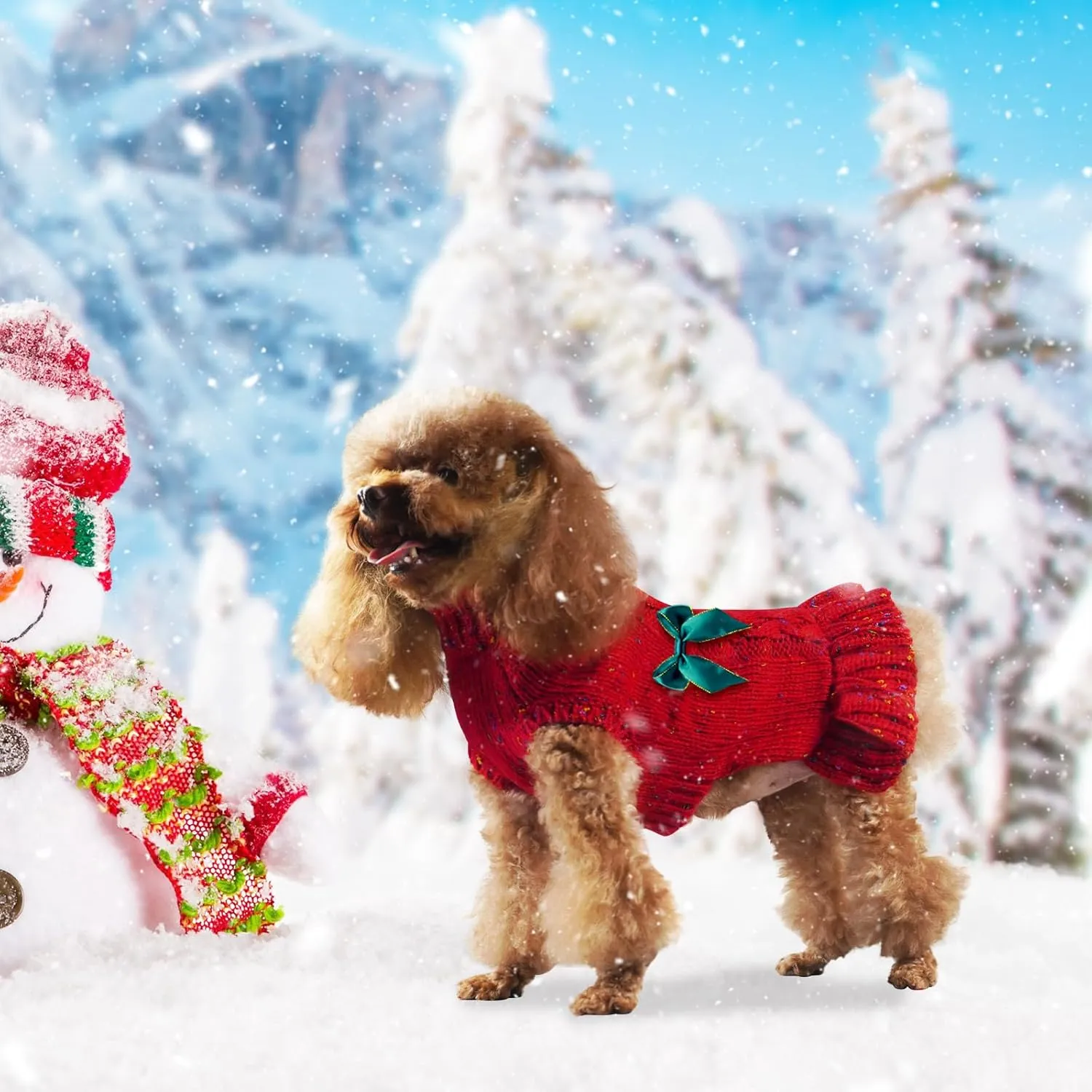 Dog Sweater Dresses - Knit Sweater with Colored Dot & Blue-Green Bow Clips, Winter Outfit for Dog Girl, Thick Doggie Knitwear Pet Apparel (Red, M)