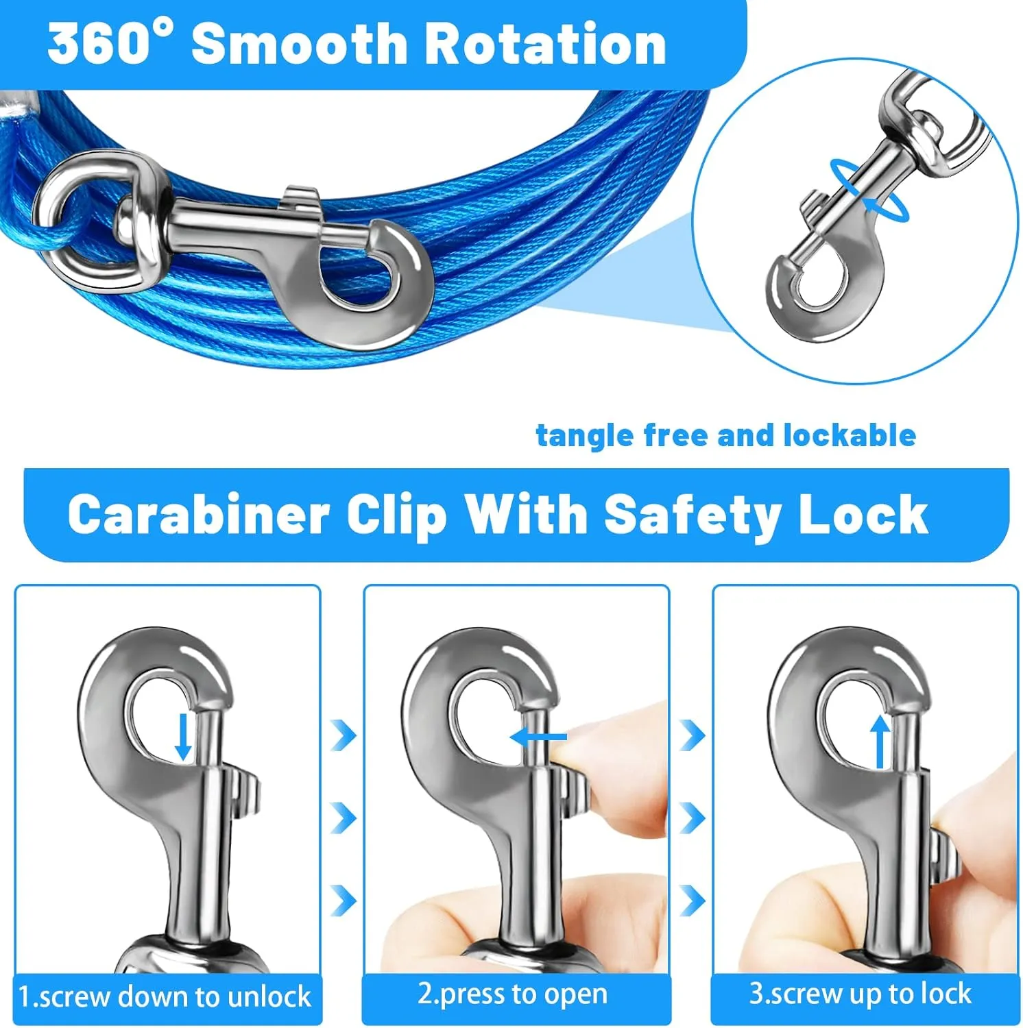 Dog Tie Out Cable 10/15/20/25/30 FT Runner for Yard Steel Wire Cable with Durable Superior Clips Blue Chains for Outside Dog Lead for Large Up to 165 Lbs