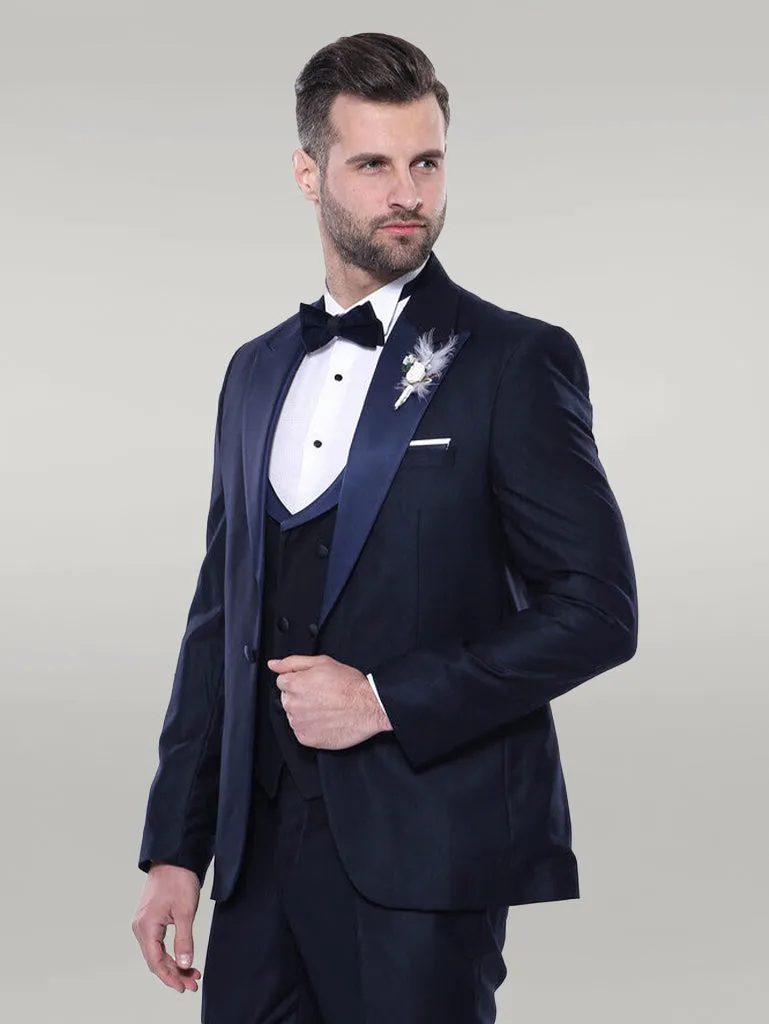 Double Breasted Satin Lapel Navy Blue Men Tuxedo - Wessi