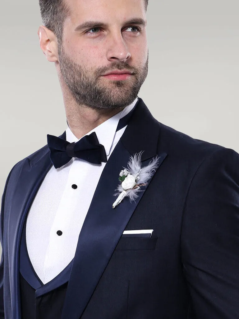 Double Breasted Satin Lapel Navy Blue Men Tuxedo - Wessi