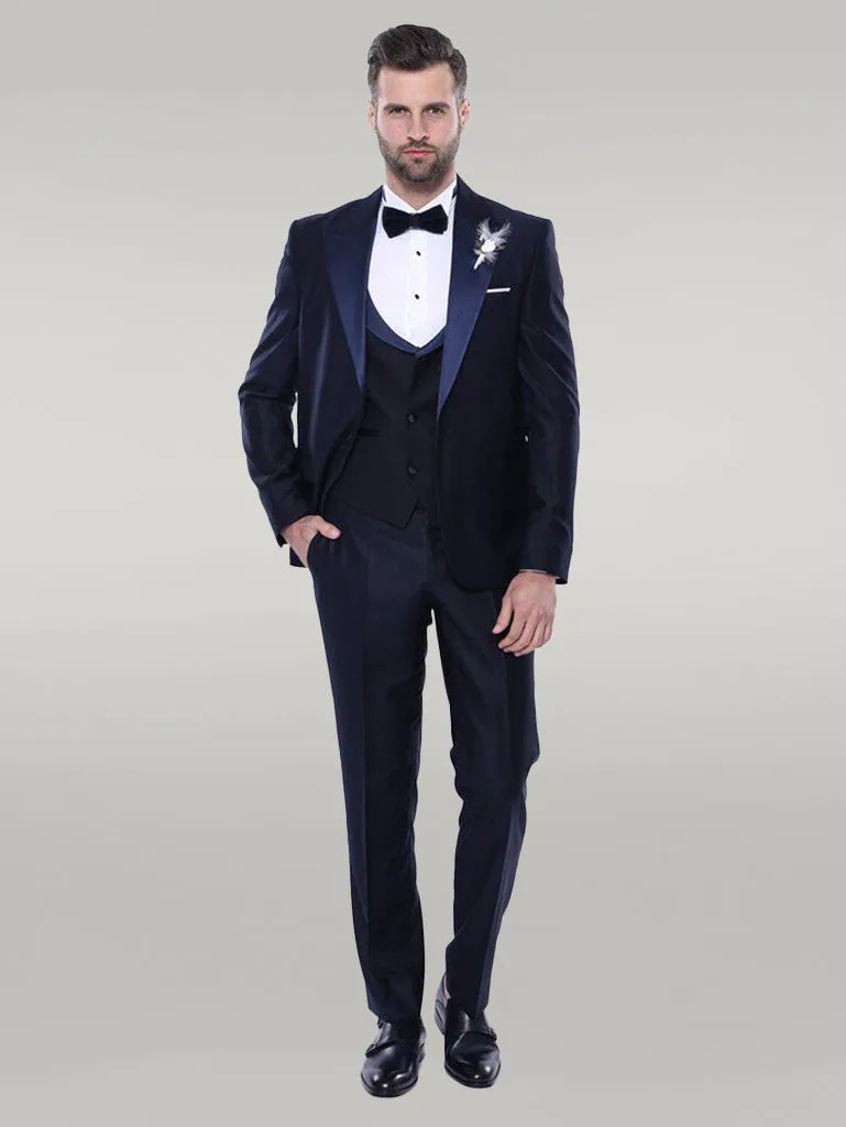Double Breasted Satin Lapel Navy Blue Men Tuxedo - Wessi