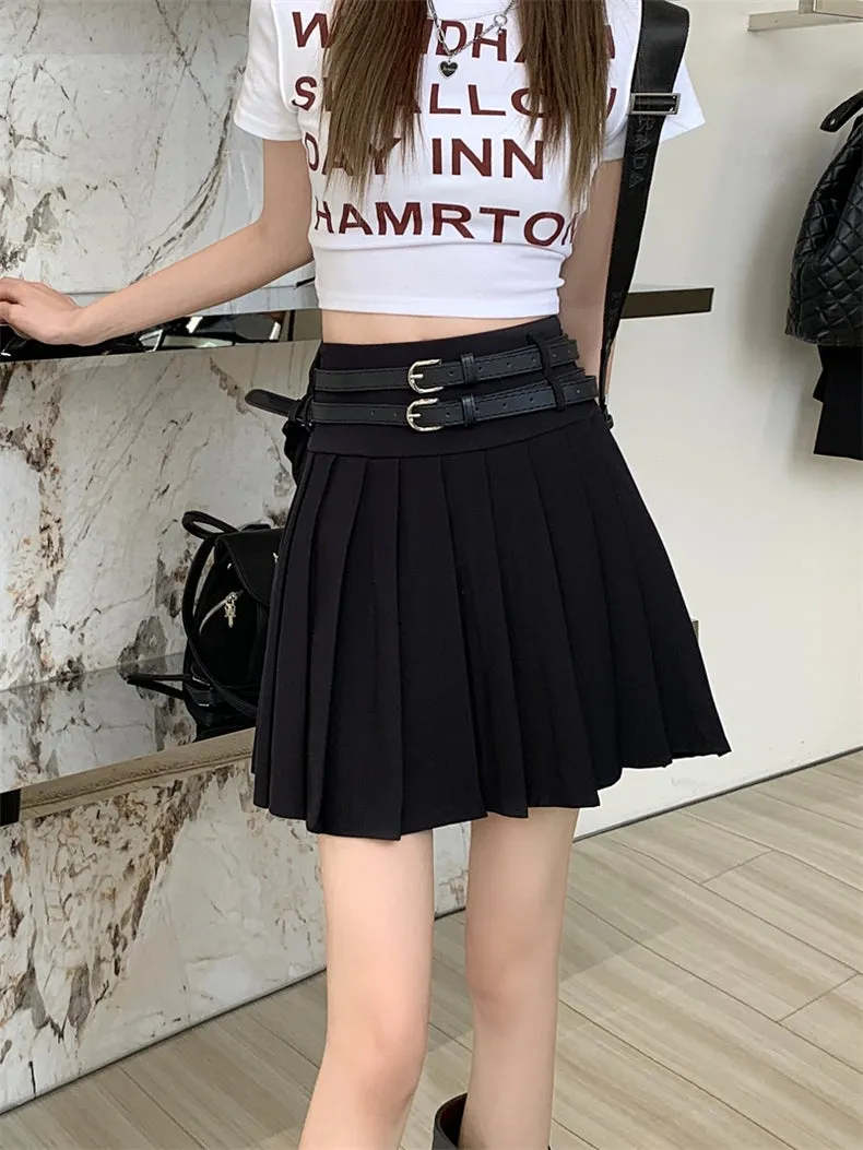 Double Leather Belt Chic Y2K Modern Black Grey Gray Pleated Skirt