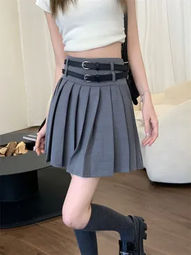 Double Leather Belt Chic Y2K Modern Black Grey Gray Pleated Skirt