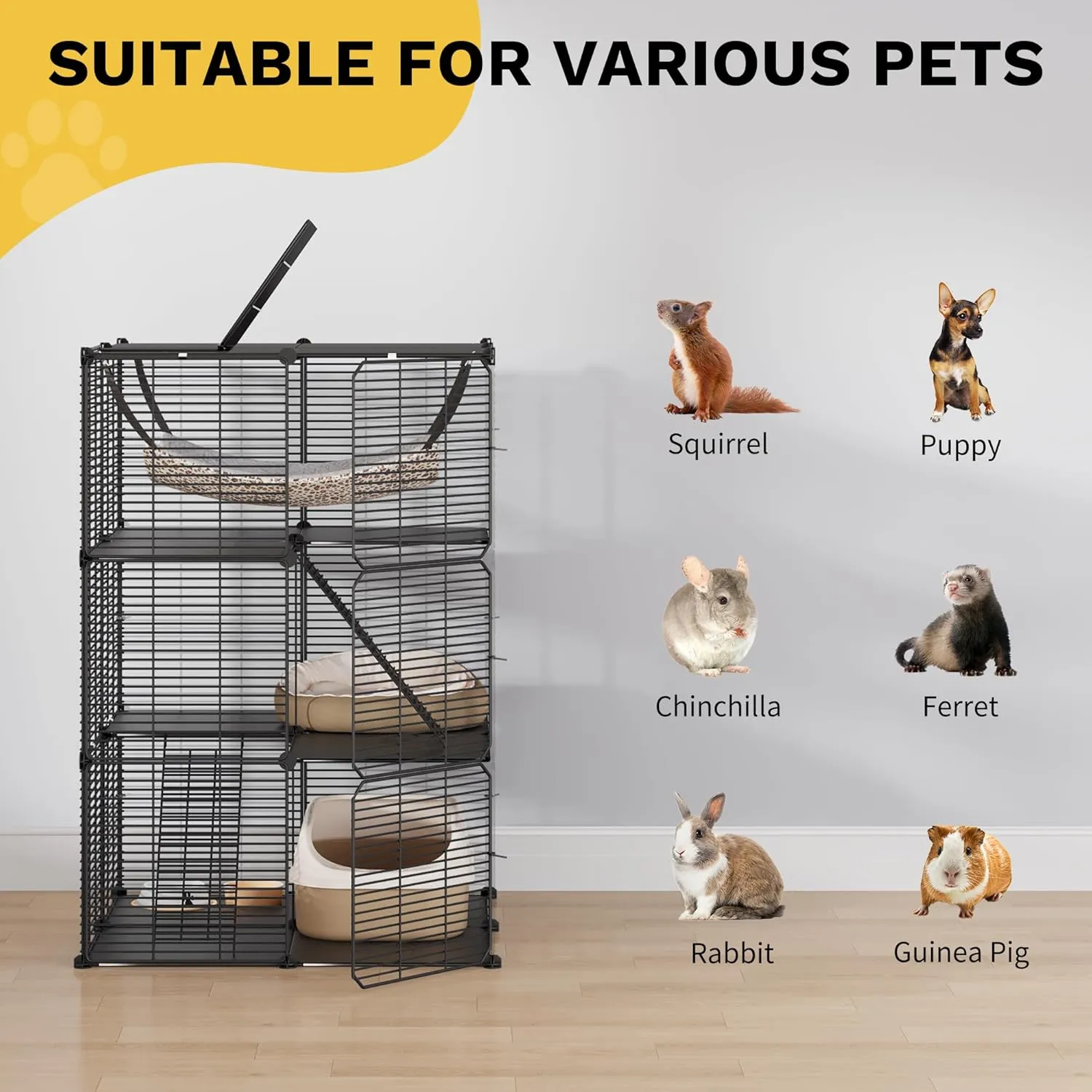 DWVO 3-Tier Cat Cage Indoor Enclosure, DIY Cat Playpen Metal Kennel for 1-2 Cats Ferret Chinchilla Rabbit Small Animals with Extra Large Hammock
