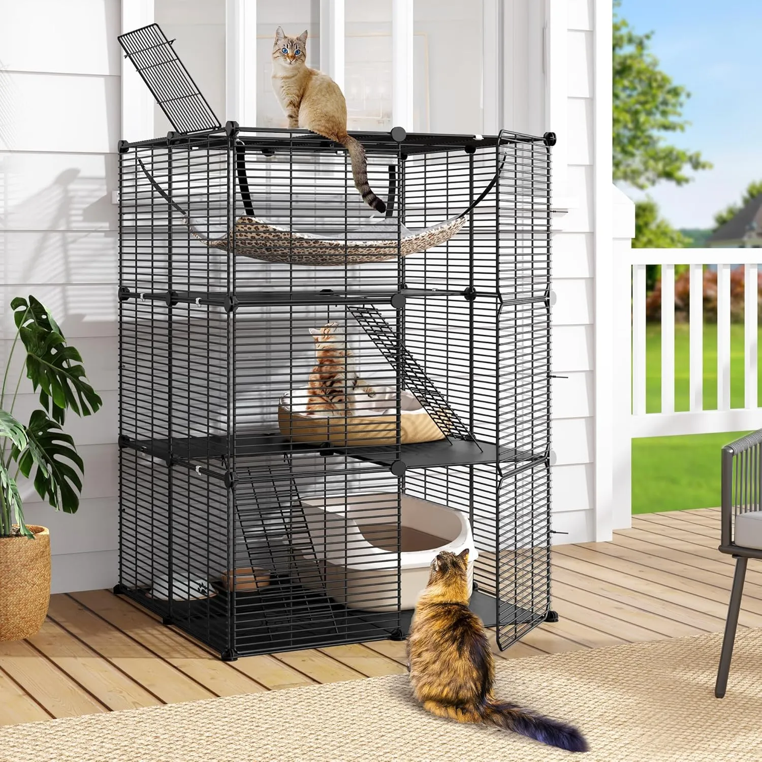 DWVO 3-Tier Cat Cage Indoor Enclosure, DIY Cat Playpen Metal Kennel for 1-2 Cats Ferret Chinchilla Rabbit Small Animals with Extra Large Hammock