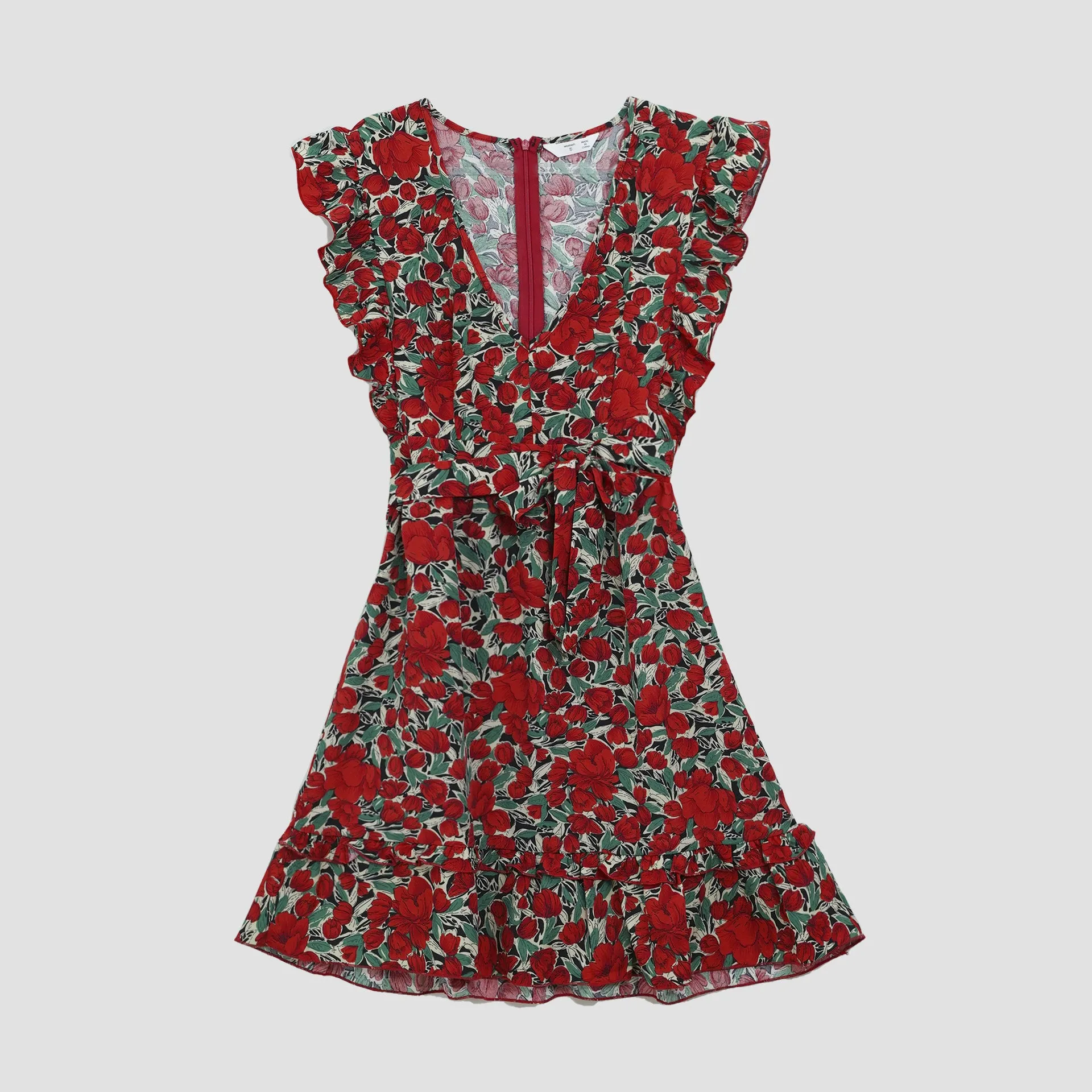 Floral Print V Neck Flutter-sleeve Belted Dress for Mommy and Mini