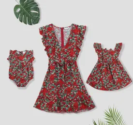 Floral Print V Neck Flutter-sleeve Belted Dress for Mommy and Mini