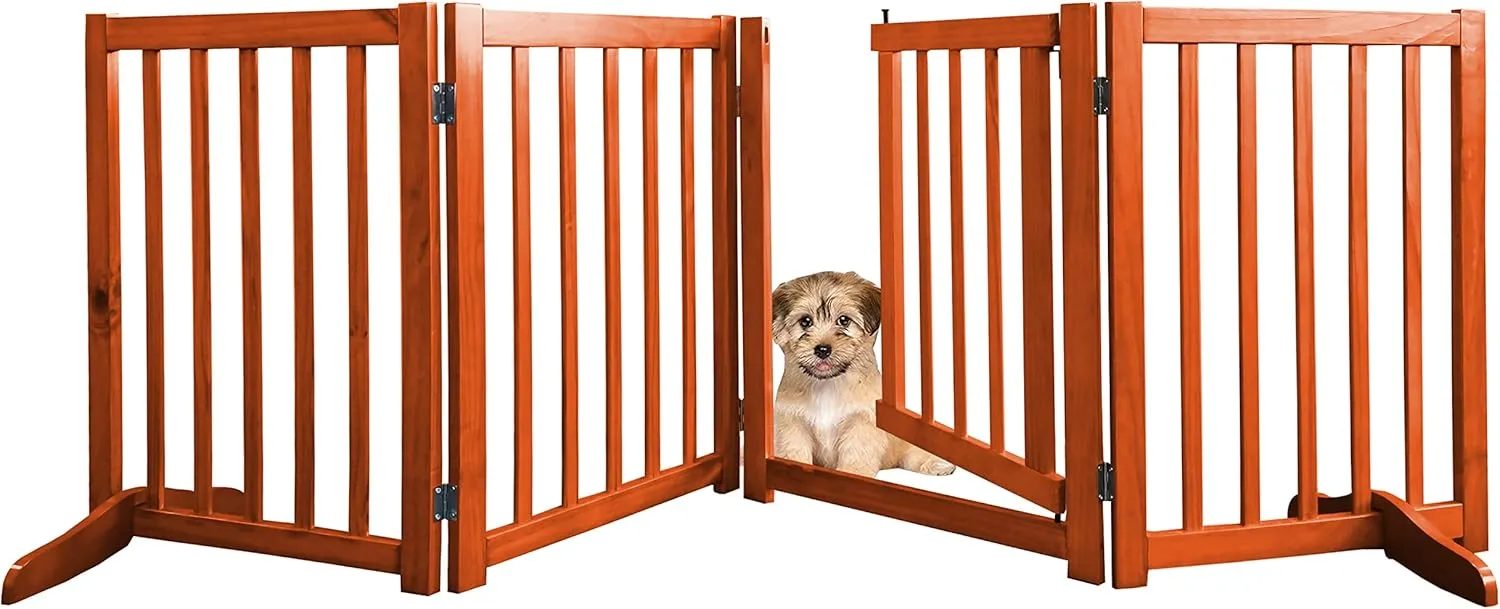 Freestanding Dog Gates Wooden pet gate with Walk Through Door, Folding Indoor Dog Barrier with 2PCS Support Feet pet Enclosure for Doorways, Stairs or House(4 Panels)
