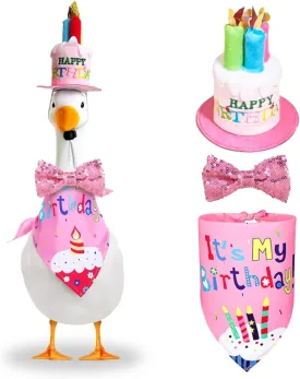 Funny Birthday Goose Outfit 3-Piece Set  Porch Goose Clothes with Cake Hat, Bandana & Bow  Lawn Goose Birthday Decoration for Cement & Plastic Goose Statues