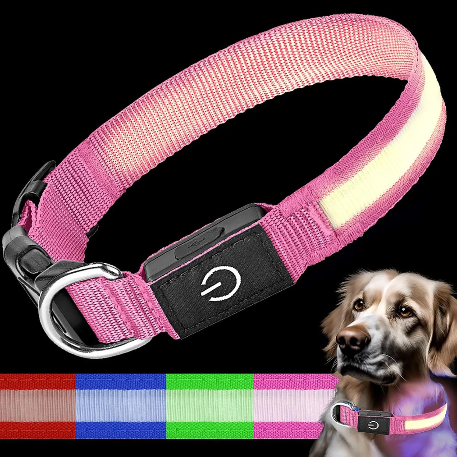 Glow-in-The-Dark LED Dog Collar with Rechargeable Light, Waterproof Night Safety Collar for Large, Medium, and Small Dogs (Pink, 23.62 inch)