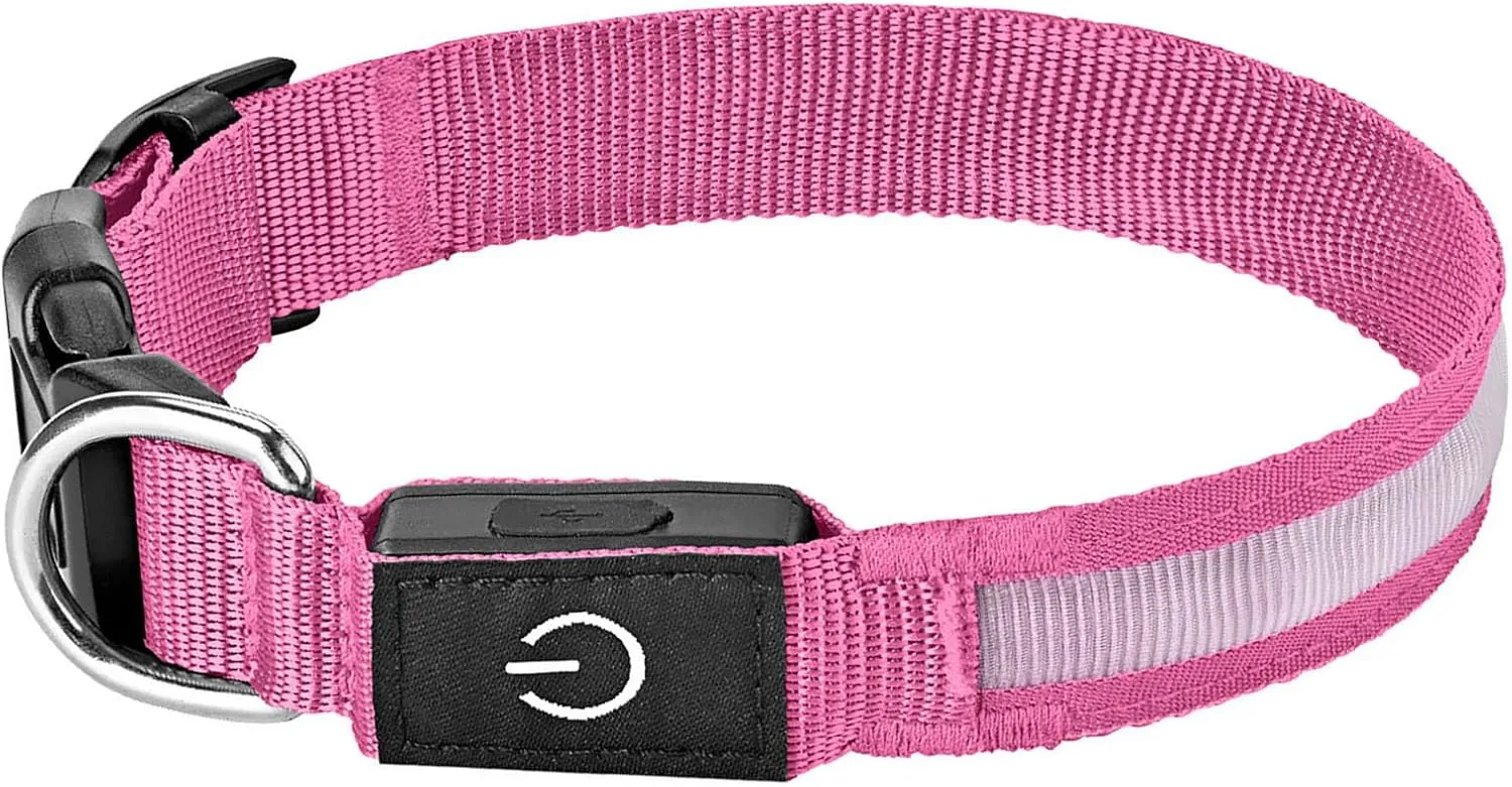 Glow-in-The-Dark LED Dog Collar with Rechargeable Light, Waterproof Night Safety Collar for Large, Medium, and Small Dogs (Pink, 23.62 inch)