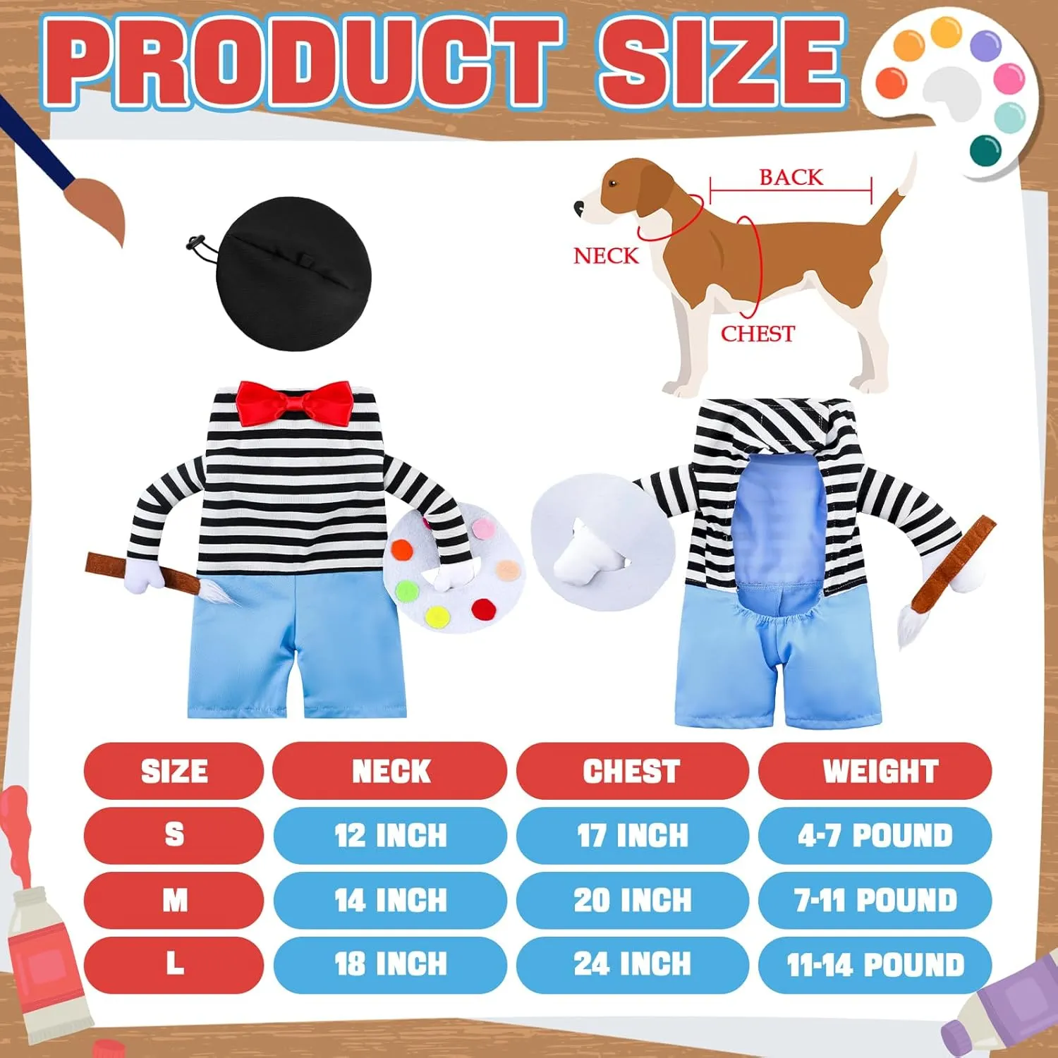 Halloween Dog Costume Funny French Artist Dog Costume with Hat Painter Pet Clothes T-Shirt Jeans Beanie Beret Ties for Halloween Cosplay Brithday Party(S)