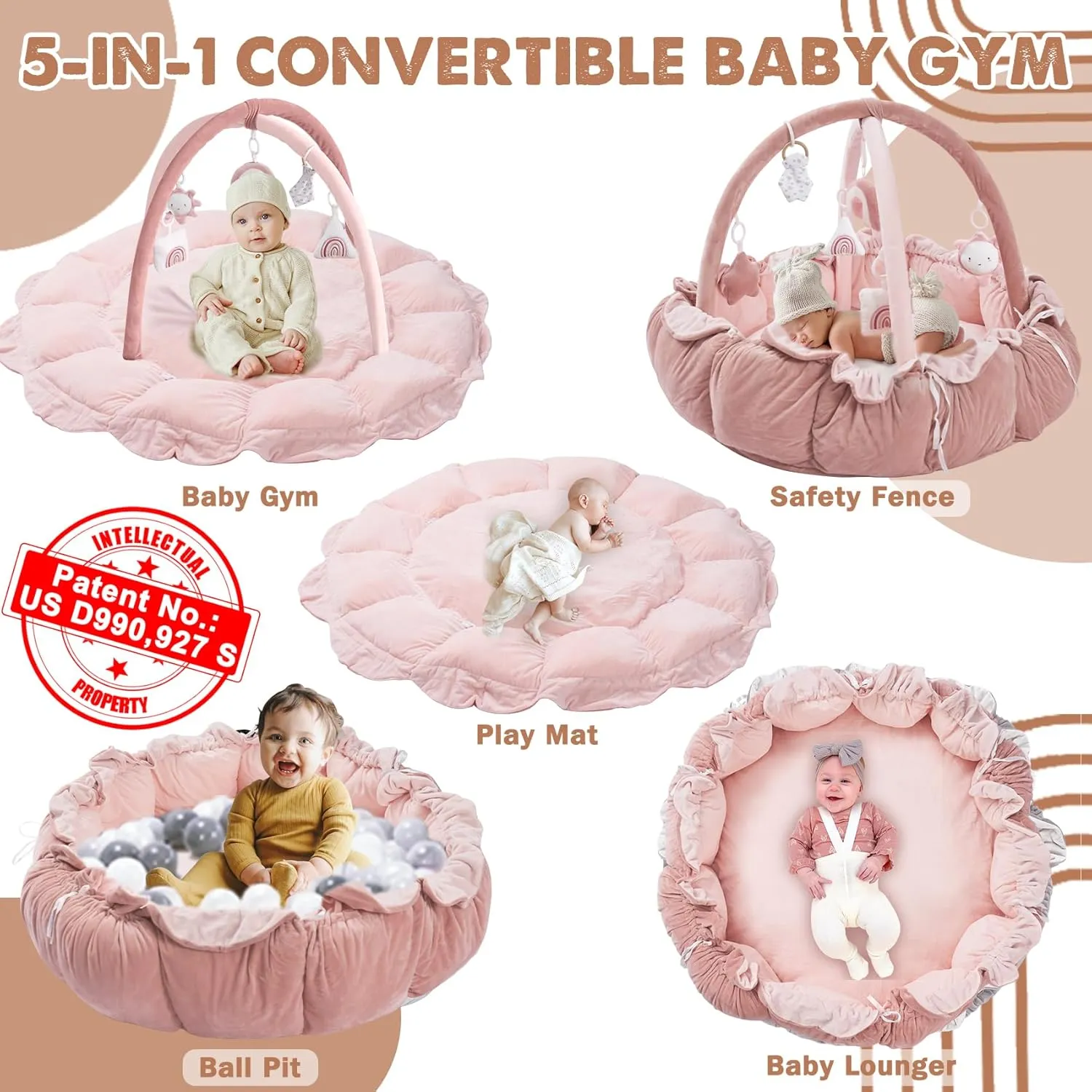 HAN-MM 5-in-1 Convertible Baby Play Gym with 6 Toys, Tummy Time Mat for Sensory Development, Baby Activity Center from Newborn to Toddler, Ball Pit, Cat & Dog Bed, Soft Plush Pet Bed, Pink