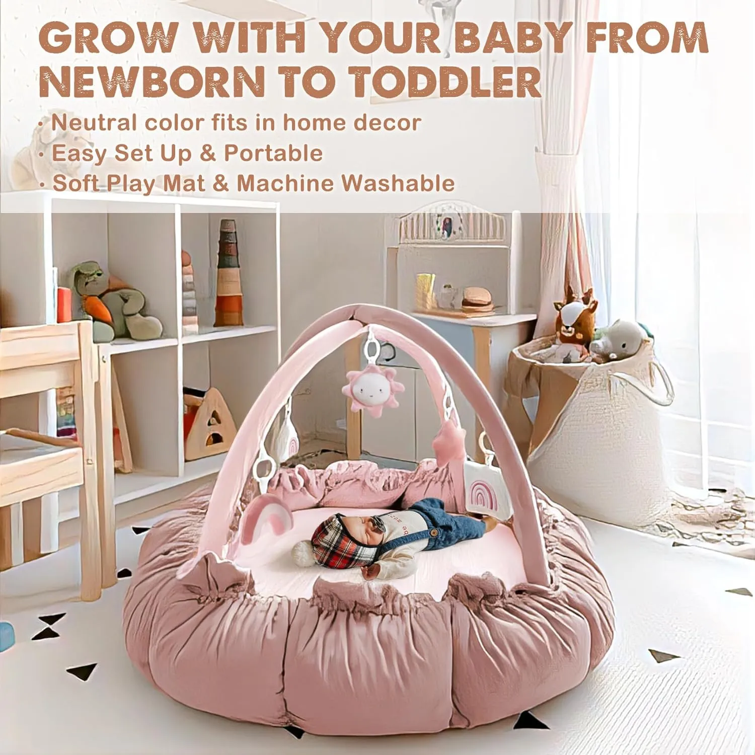 HAN-MM 5-in-1 Convertible Baby Play Gym with 6 Toys, Tummy Time Mat for Sensory Development, Baby Activity Center from Newborn to Toddler, Ball Pit, Cat & Dog Bed, Soft Plush Pet Bed, Pink