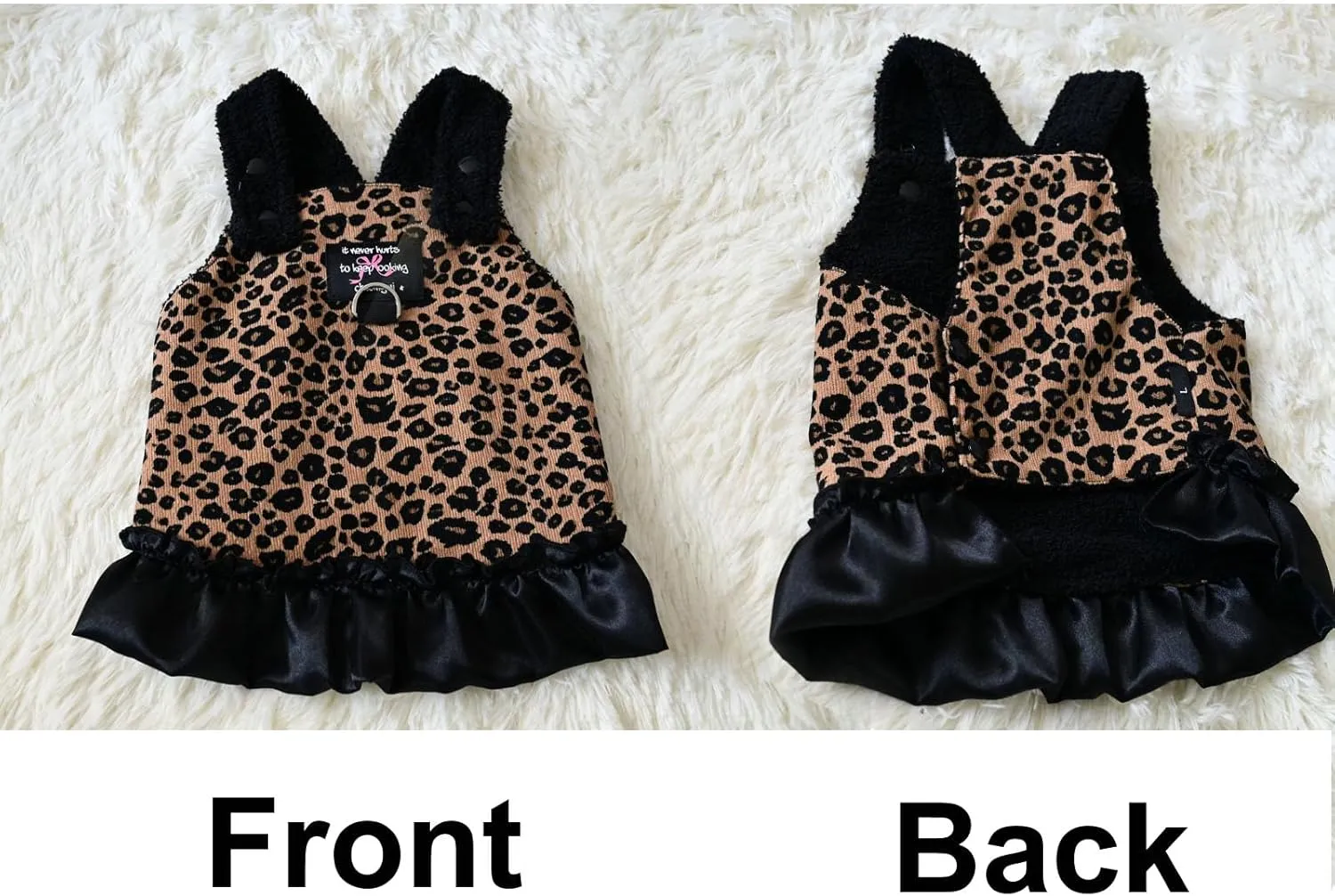 HDKUW Small Dog Dresses with D-Ring & Plush Lining, Leopard Print Cozy Fleece-Lined Puppy Outfits for Small Dogs, Cold Weather Fashion Pet Clothes for Daily Walks/Holiday Parties S